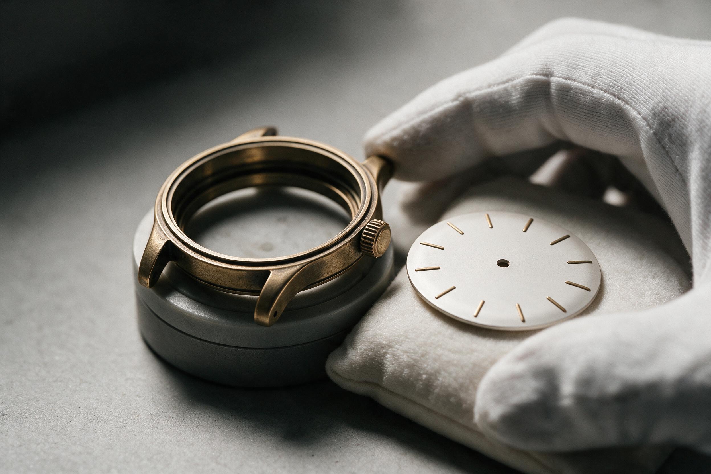 Caja de reloj abierta con la esfera separada sobre el banco